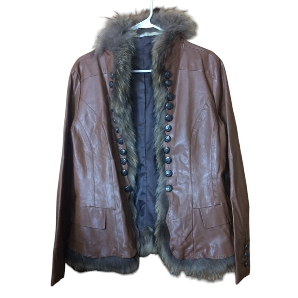 Brown Faux Leather/Fur Engraved Button Women's Large Open Front Jacket